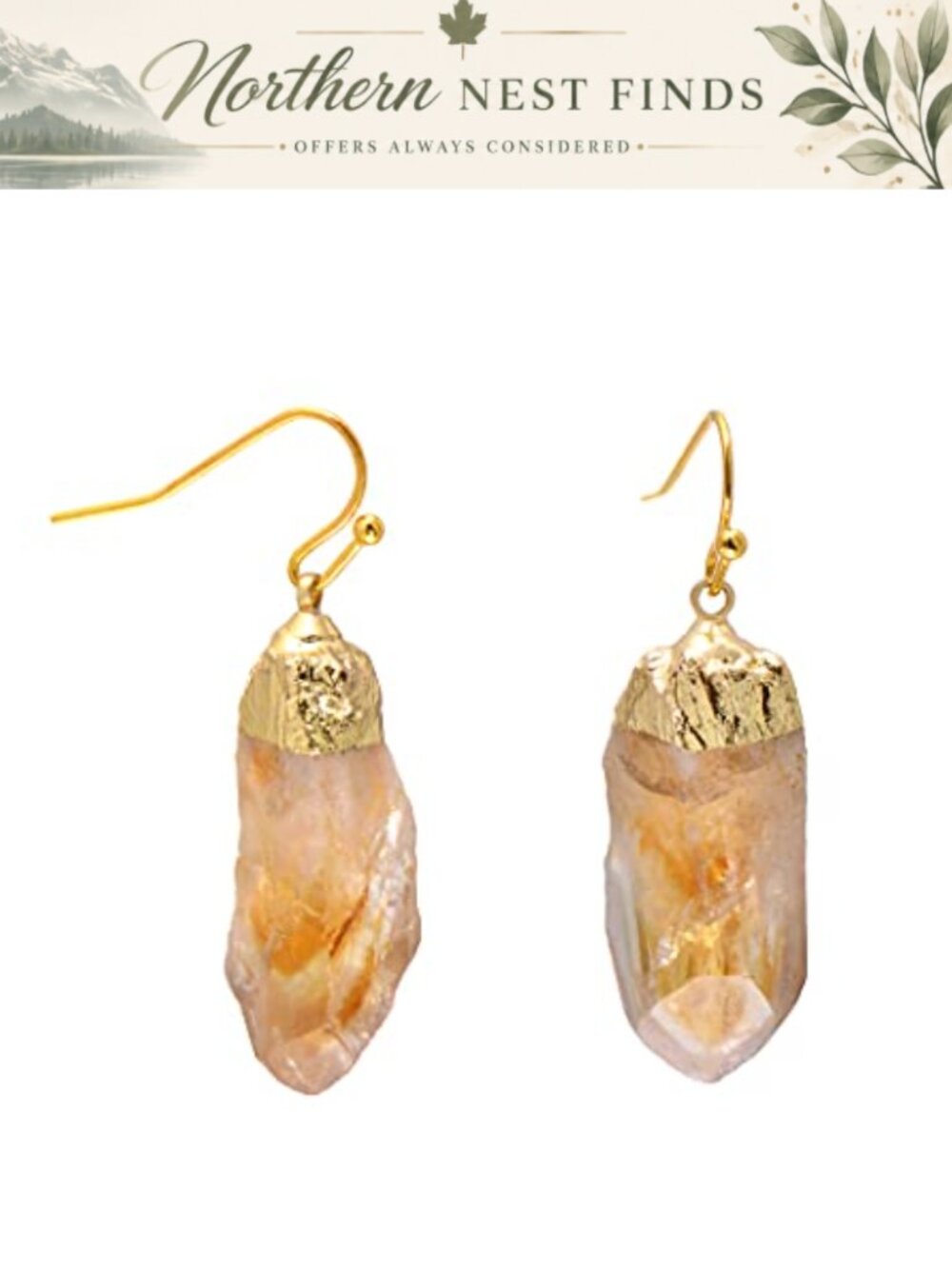 Natural Citrine Rough Stone Earrings Yellow Gold Tone Dangle Gemstone